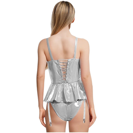 Glossy Wet-Look Halter Romper Bodysuit with Flared Skirt Hem & Integrated Garters
