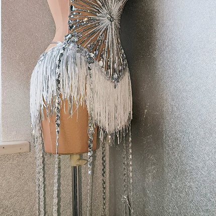 Sparkly Silver Rhinestone & Long Tassel Fringe Leotard Stage Performance Costume