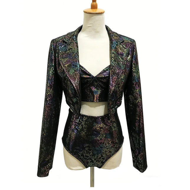 Colorful Laser Bikini Leather Blazer Women Dance Outfit Nightclub Bar Female Singer Group Party Show Stage Performance Costume
