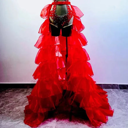 Hollow-Out Rhinestone Bodysuit & Feathered Layered Skirt Carnival Costume Set