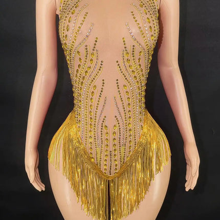 Sparkly Rhinestone, Sequin & Fringe Sleeveless Bodysuit Stage Performance Costume