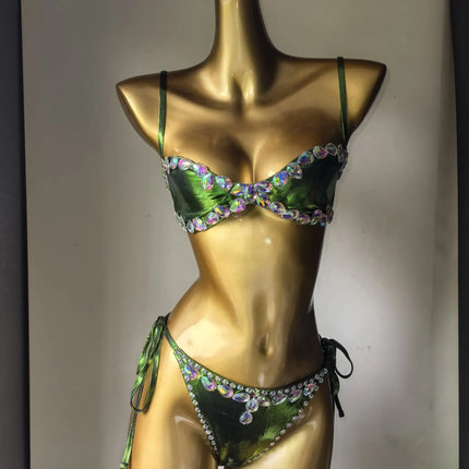 Emerald Green Rhinestone String Bikini Set Crystal Costume Set Beach Pool Party