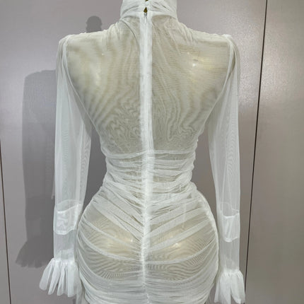 White High Collar Long Sleeve Solid Mesh Sexy See Through Ruffle Mini Dress