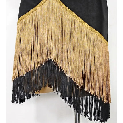 Black High-Neck Short-Sleeve Bodysuit & Gold Fringe Skirt Latin Dance Costume Set