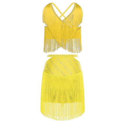 Sparkly Rhinestone & Tassel Fringe Two-Piece Latin Tango Dance Outfit Set
