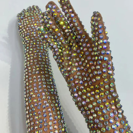 AB Rhinestone Sheer Mesh Long Opera Gloves Stage Performance Costume Accessory