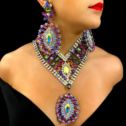 Exaggerated Rhinestone Statement Necklace Earrings Set