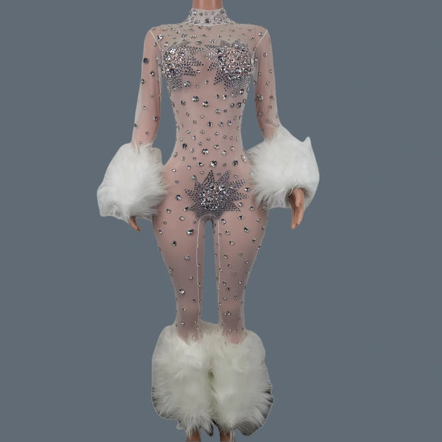 Sparkly Rhinestone & Feather Cuffed Jumpsuit Stage Performance Catsuit Costume