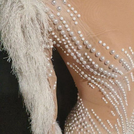 Sparkly Pearl Rhinestone Tassel Sleeve Mesh Jumpsuit Showgirl Stage Catsuit