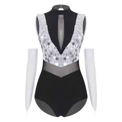 Sparkly Sequin Mock Neck Dance Leotard & Gloves Two-Piece Bodysuit Set