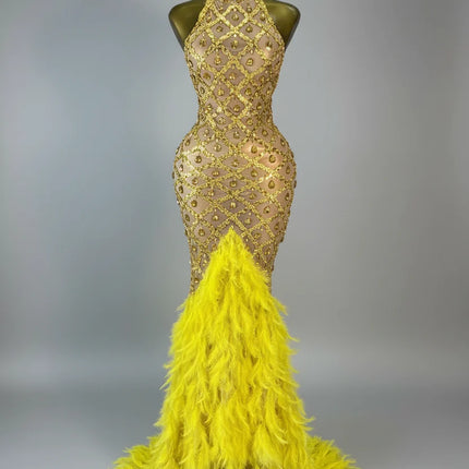 Luxury Rhinestone Crystal Turtleneck Gala Gown & Feather Hem Evening Maxi Dress