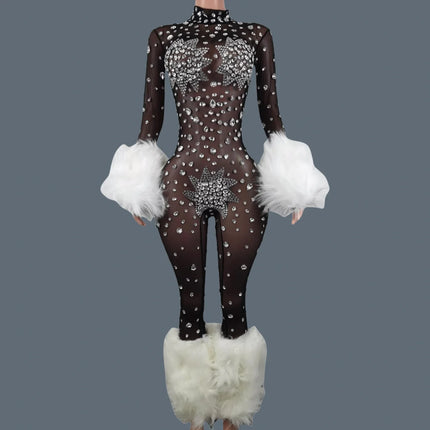 Sparkly Rhinestone & Feather Cuffed Jumpsuit Stage Performance Catsuit Costume