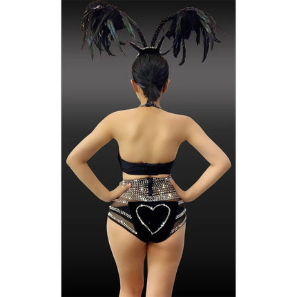 Black Rhinestone Grid Bikini & Feather Wing Headpiece Gogo Stage Costume Set