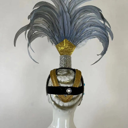 The Stardust Dionysia – Silver & Charcoal Feather Carnival & Masque Ball Headdress