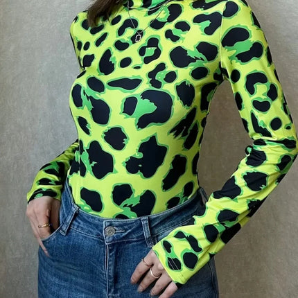 Neon Green Leopard Print Long Sleeve Bodysuit Sexy Stand Collar Stage Wear