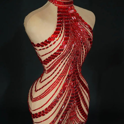 Sparkly Rhinestone High-Neck Sheath Mini Dress Stage Dance Costume