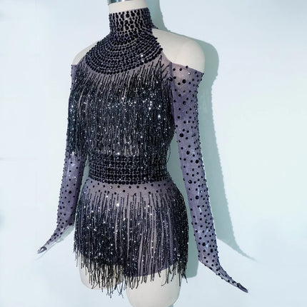 Rhinestone Tassel Mesh Performance Bodysuit