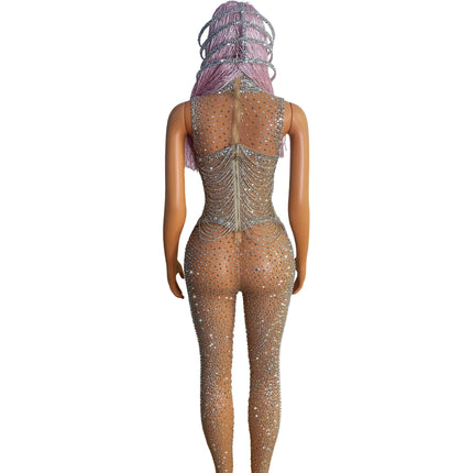 Silver Crystal Fringe Illusion Jumpsuit Long Sleeve Rhinestone Catsuit Stage Wear