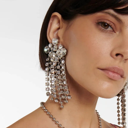 Geometric Crystal Tassel Clip-On Earrings – No-Piercing Statement Dangle Earrings for Brides, Weddings & Gala Events