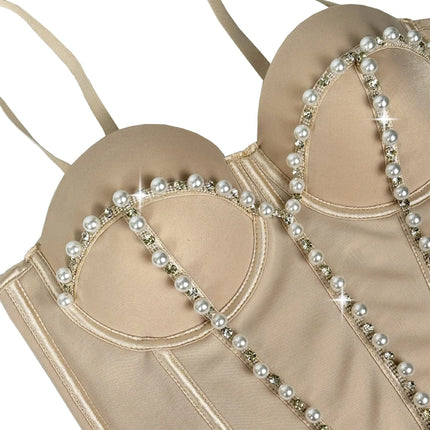 Pearl Embroidered Bustier Corset Crop Top High Street Evening Bralette