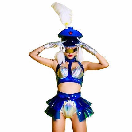 Holographic Silver Laser Bikini, Ruffle Skirt & Captain Hat 3-Piece Stage Costume Set