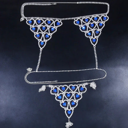 Sparkly Glass Crystal Rhinestone Heart Body Chain Bra & Thong Lingerie Set