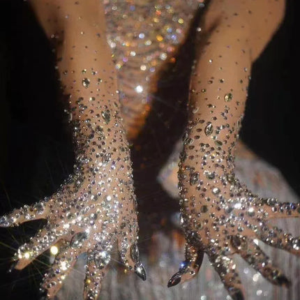 The Stardust Illusion Rhinestone Gloves – Luxury Crystal Mesh Opera Gloves