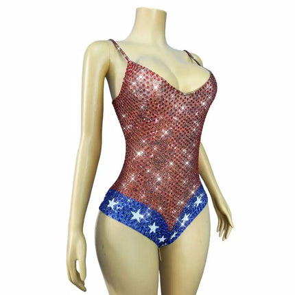 Nightclub Bar Stage Crystal Bodysuit Sparkly Red Blue Rhinestones Sleeveless Leotard Women Singer Dancer Sexy Show Stage Costume