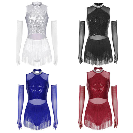 Sparkly Sequin & Fringe Dance Dress with Gloves Latin Stage Performance Costume