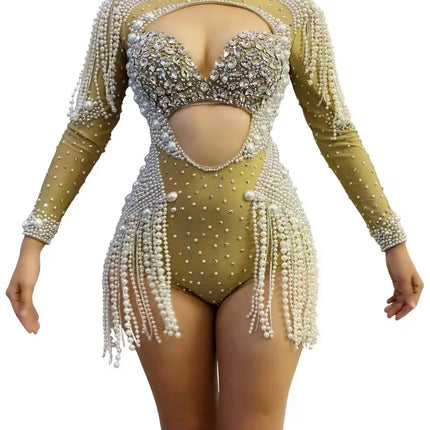 The Stardust Diamond Cutout Bodysuit – Luxury Rhinestone & Pearl Fringe Showgirl Costume