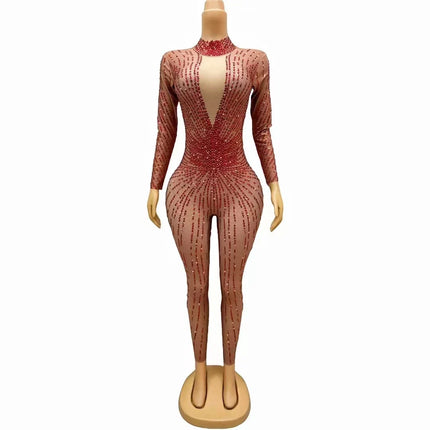Crimson Red Rhinestone Catsuit Long Sleeve Illusion Stage Performance Jumpsuit