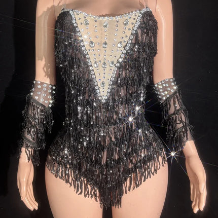 Sparkly Black Sequin & Rhinestone Tassel Bodysuit with Gloves Stage Costume