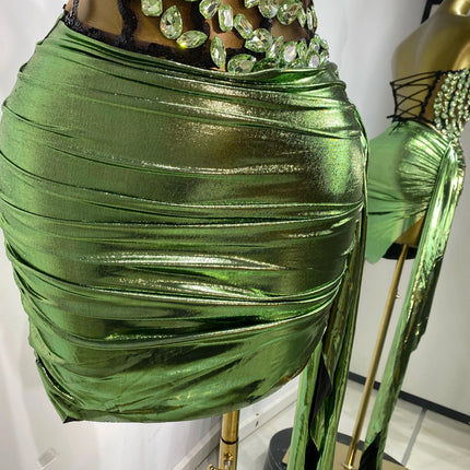 Rhinestone Tube Bustier Corset Top & Bronzing Mini Skirt 2-Piece Performance Set