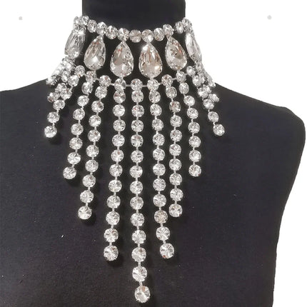 Rhinestone Glass Crystal & AB Drop Tassel Choker Necklace