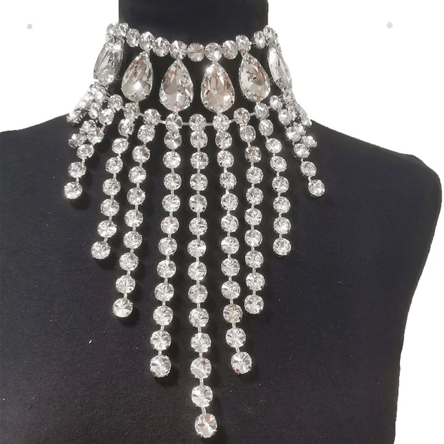 Rhinestone Glass Crystal & AB Drop Tassel Choker Necklace