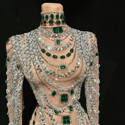 Sparkly Rhinestone, Sequin & Pearl Sheer Illusion Performance Dress Stage Costume