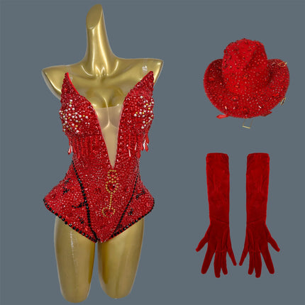 Western Cowboy Showgirl Bodysuit, Hat & Gloves 3-Piece Stage Costume Set