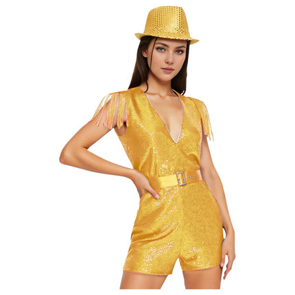 Sequin Tassel Romper, Adjustable Belt & Matching Hat Stage Dance Costume Set