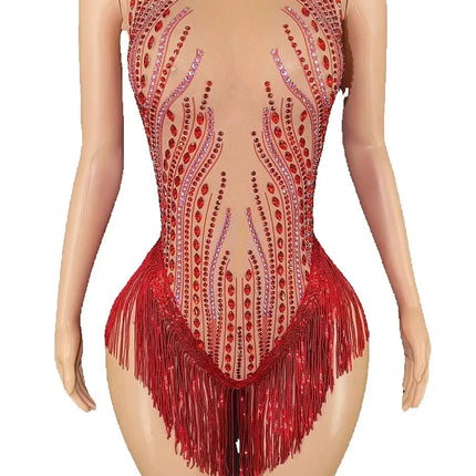 Sparkly Rhinestone, Sequin & Fringe Sleeveless Bodysuit Stage Performance Costume
