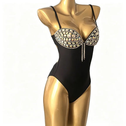 Hand-Sewn Crystal Rhinestone One-Piece Bodysuit & Stage Costume Set