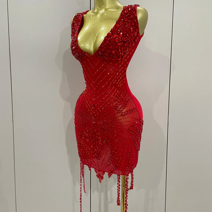 Vintage-Inspired Sparkly Rhinestone Mesh V-Neck Party Dress