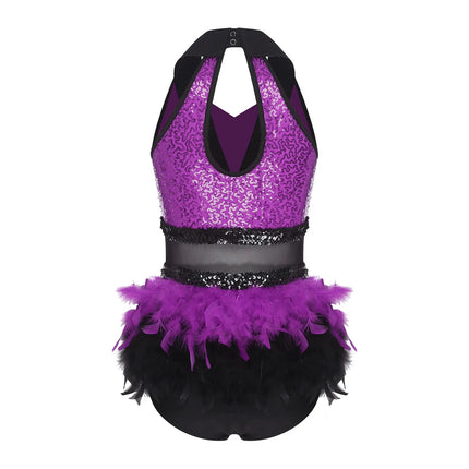 Women's Shiny Sequin Sheer Mesh Feather Latin Jazz Dance Bodysuit