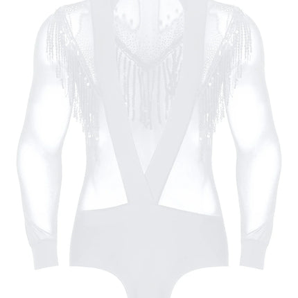 Men's Latin Salsa Sequin Tassel & Rhinestone V-Neck Performance Leotard Bodysuit