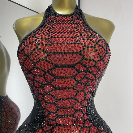Claret Red Snakeskin Rhinestone Halter Gown Backless Mesh Illusion Evening Maxi Dress