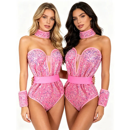 Deep V-Neck Sequin Bodysuit & Choker Collar Stage Performance Set