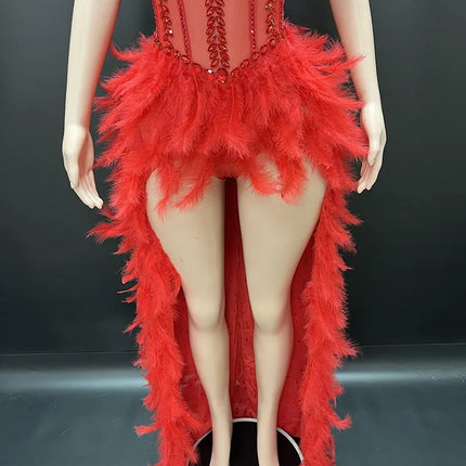 V-Neck Crystal Corset High-Low Feather Gown & Special Occasion Birthday Dress
