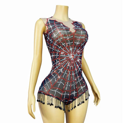 Sparkly Black Mesh Rhinestone Sheer Illusion Bodysuit Stage Performance Costume