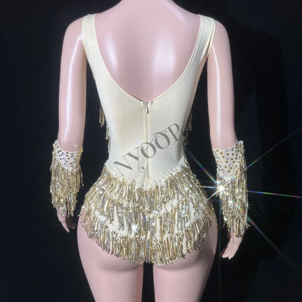 Gold Sparkly Rhinestone, Sequin & Tassel Bodysuit Stage Performance Costume