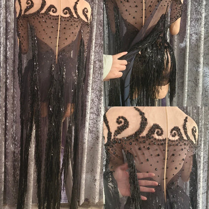 Sparkly Black Rhinestone Tassel Stage Performance Mini Dress Birthday Party Gown