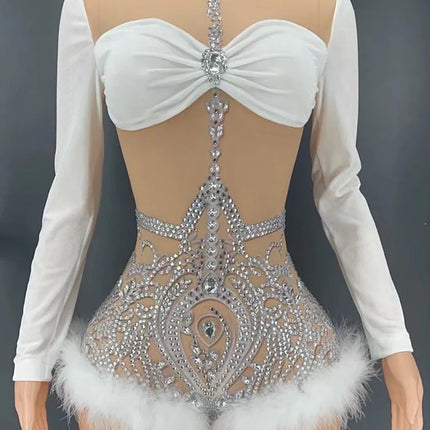 Sparkly Rhinestone & White Feather Long-Sleeve Bodysuit Stage Costume